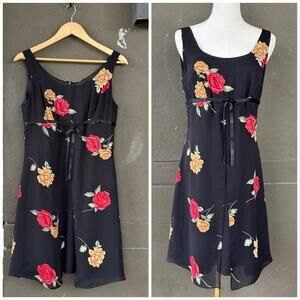 Vintage Y2K Misteen Medium Black Red Floral Print Sleeveless Babydoll Sun Dress